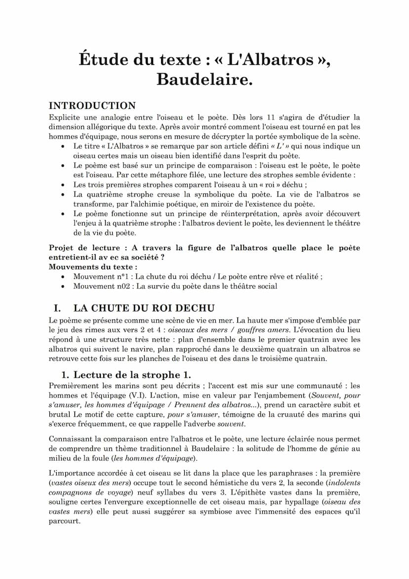 << L'Albatros
Les Fleurs du mal, BAUDELAIRE INTRODUCTION
Explicite une analogie entre l'oiseau et le poète. Dès lors 11 s'agira de d'étudier