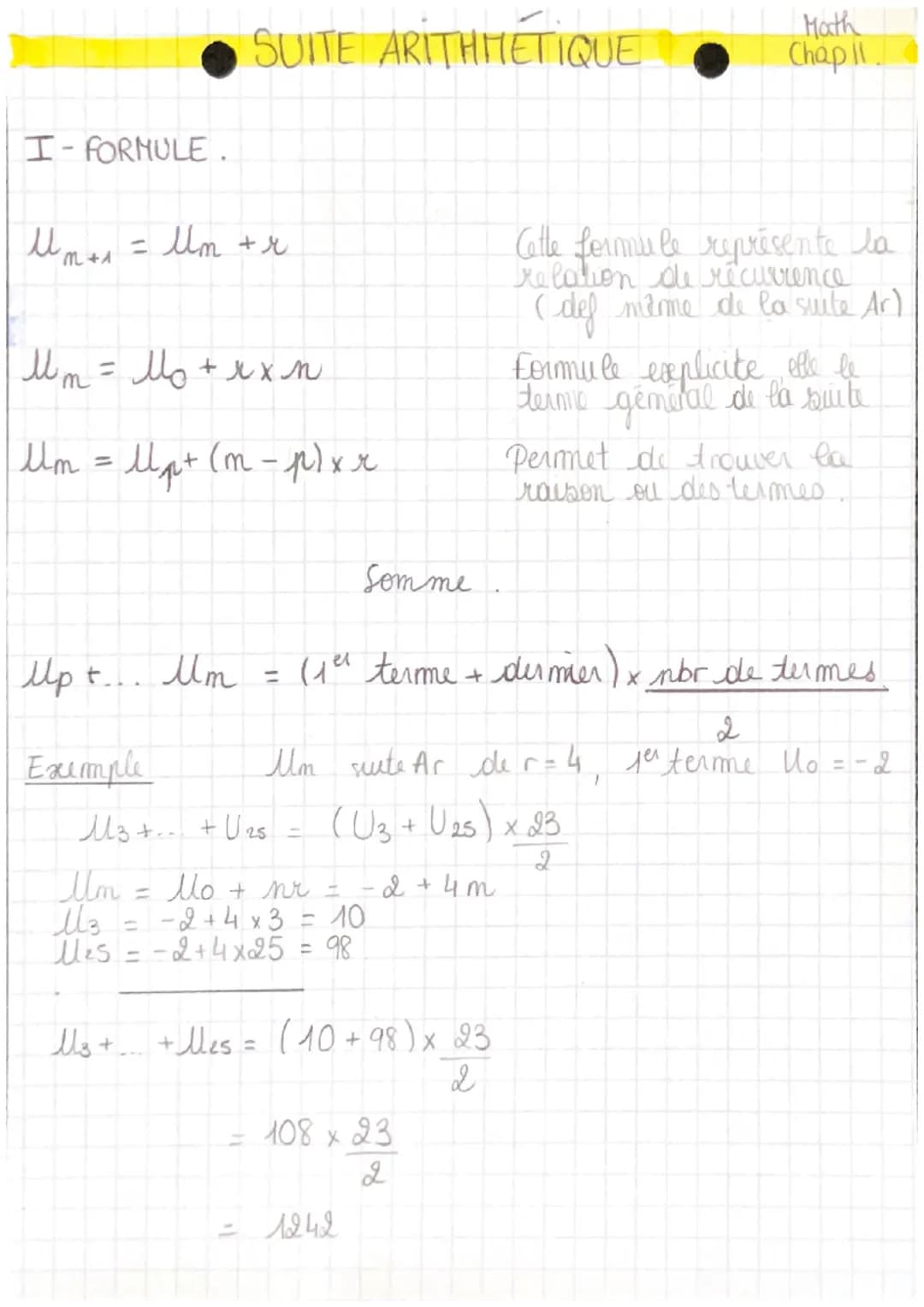 SUITE ARITHMETIQUE
Math
Chap 1
I-FORMULE.
um+s = lm + r
М
Ulm = Mo
Mo + xx n
Cette formule représente la
relation de récurrence
(def même de
