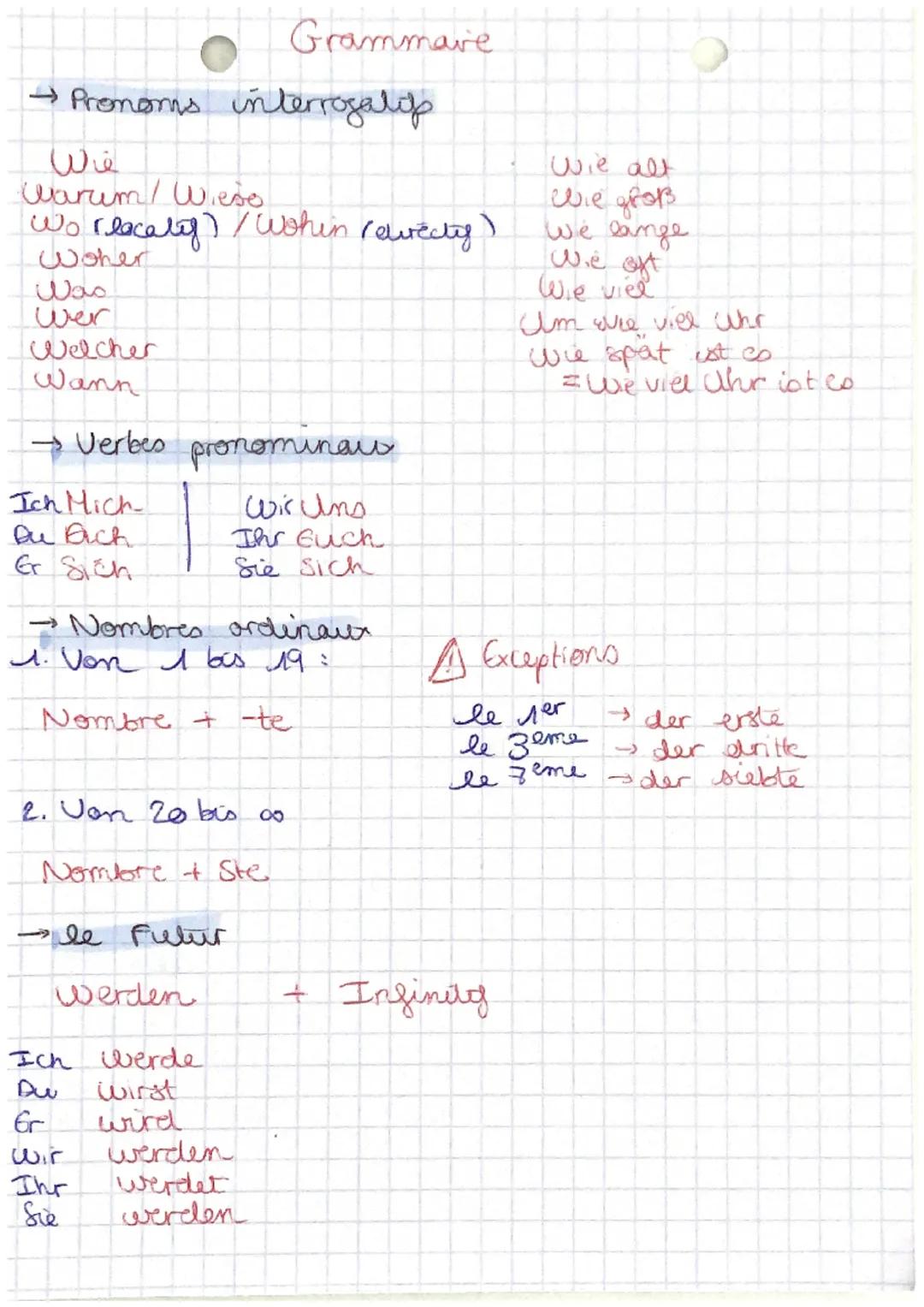 Grammare

→Pronoms interrogalop

Wie
Warum/Wiese
Worlacary)/Wohin reirecty)
Woher
مدل
Wer
Welcher
Wann

→ Verbes pronominau

Ich Mich
Du Dic