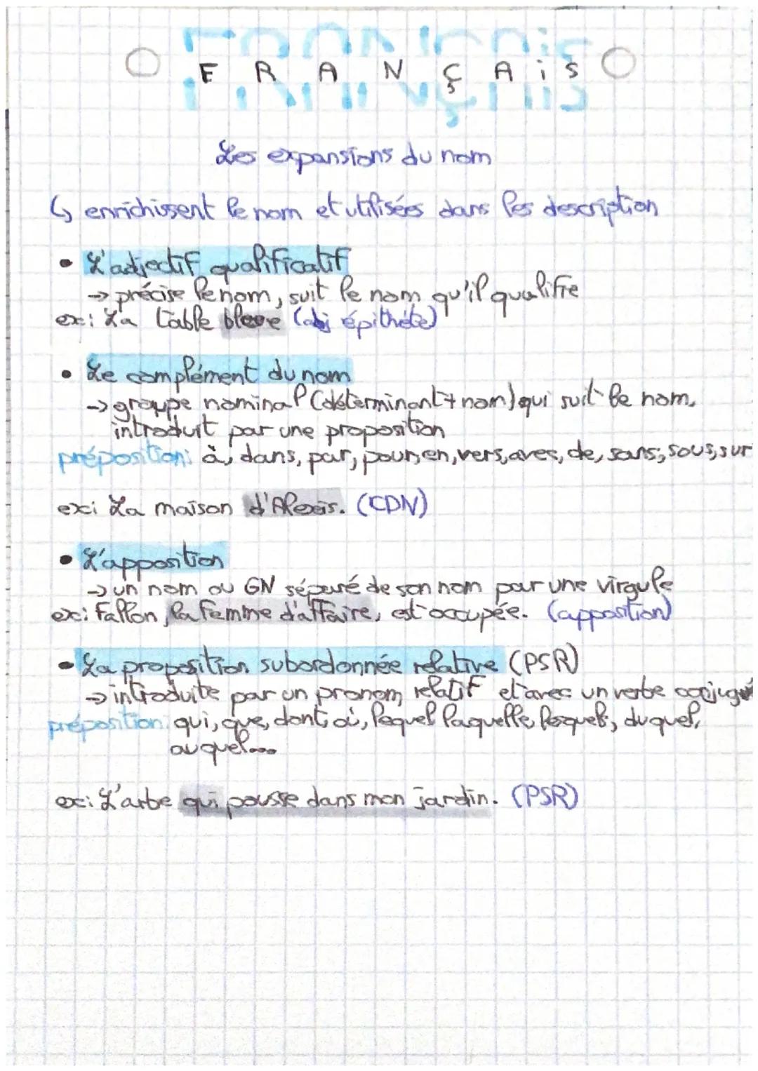 # FRANÇAIS

Les expansions du nom

Genrichissent le nom et utilisées dans les description

• &'adjectif qualificatif

→précise lenom, suit l