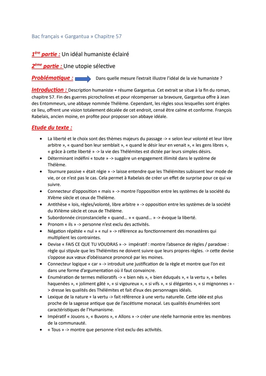 Bac français << Gargantua » Chapitre 57
1ère partie : Un idéal humaniste éclairé
2ème
partie: Une utopie sélective
Problématique :
Dans quel