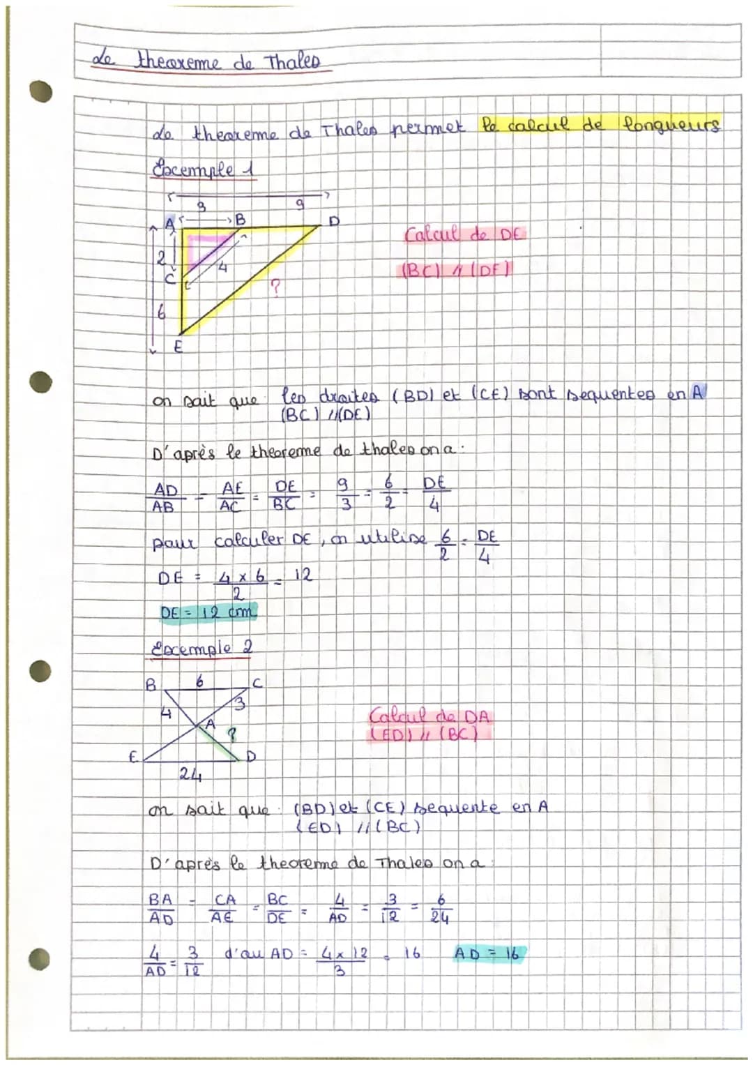 Le theoreme de Thales
de theoreme de Thales permet le calcul de longueurs
Exemple i
T.
A
C
4
9
B
D
Calcul de DE
(BC) / (DF)
on sait que
les 