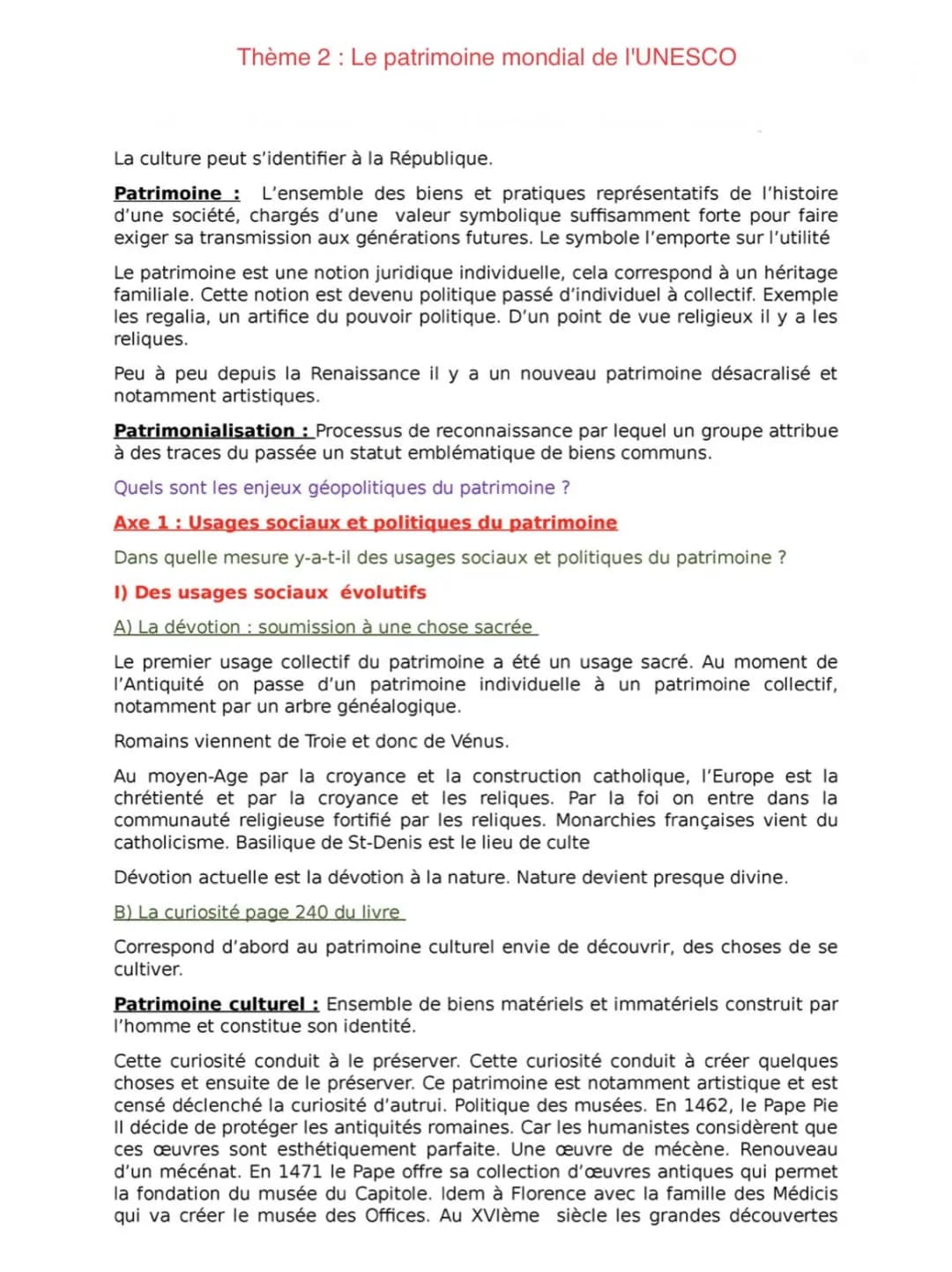 Thème 2 : Le patrimoine mondial de l'UNESCO
La culture peut s'identifier à la République.
Patrimoine : L'ensemble des biens et pratiques rep