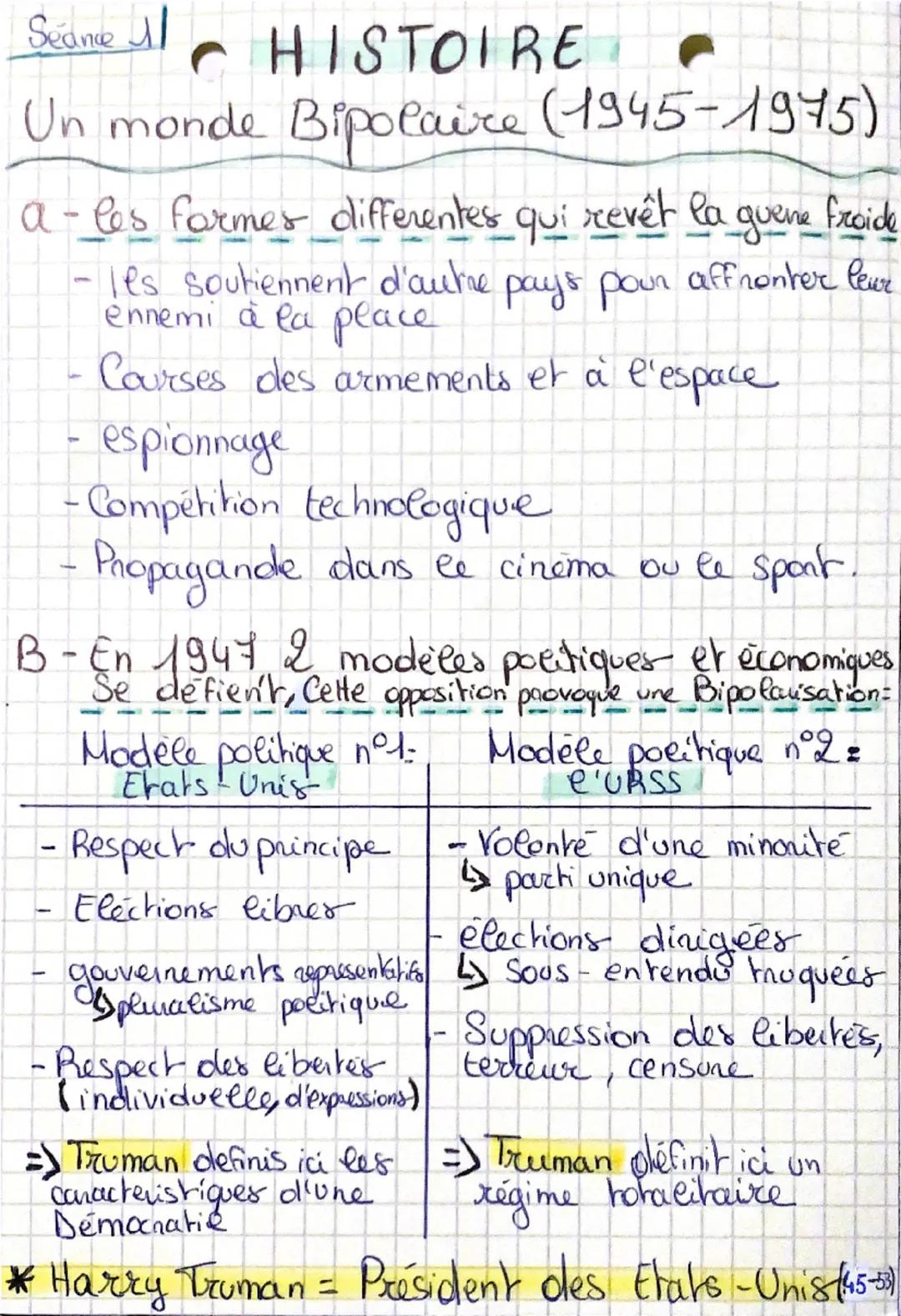 Séance
# HISTOIRE
Un monde Bipolaire (1945-1975)
a-les formes differentes qui revêt la guene froide
- les soutiennent d'autre pays pour affr