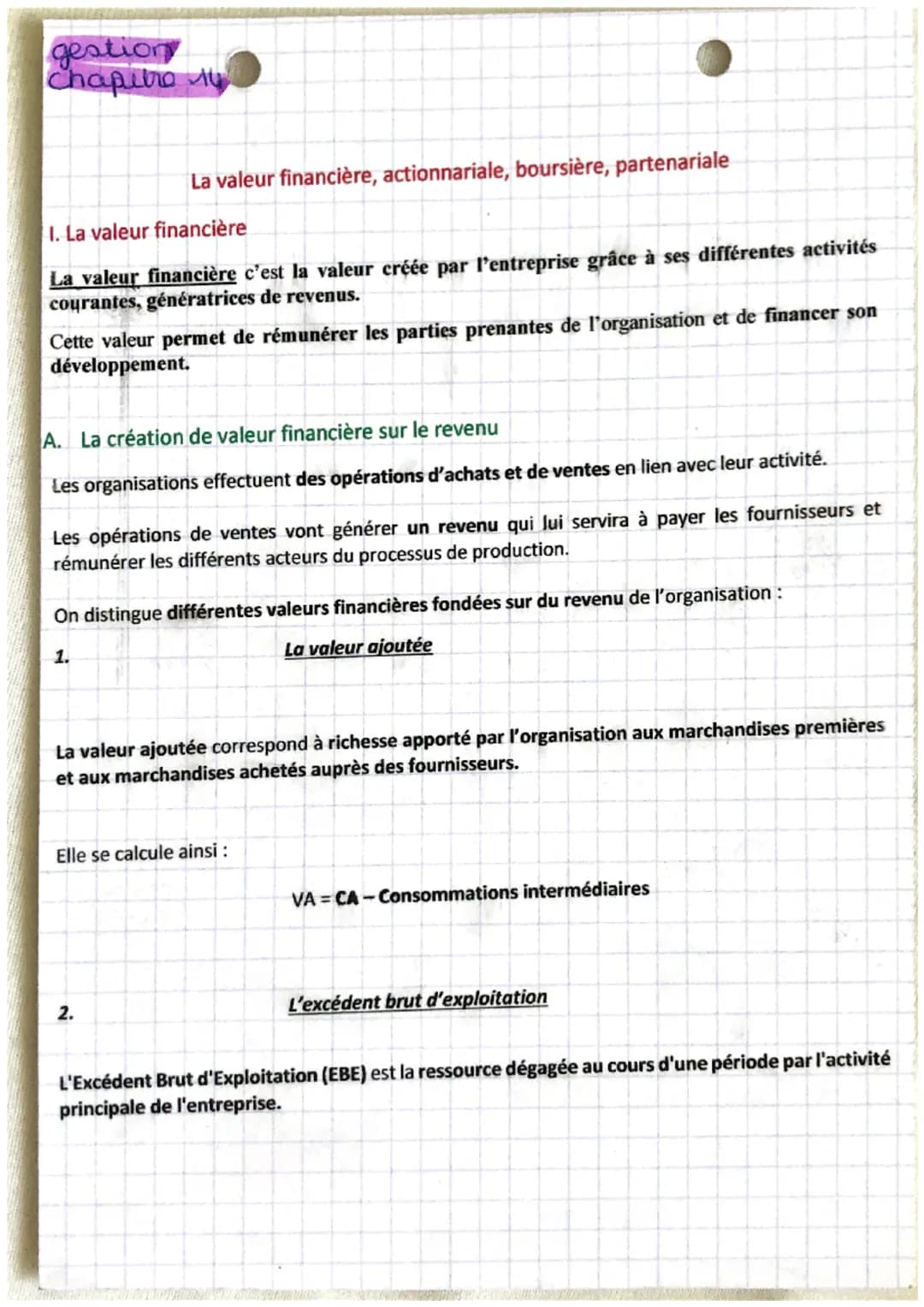 gestion
chapitre 14
La valeur financière, actionnariale, boursière, partenariale
1. La valeur financière
La valeur financière c'est la valeu