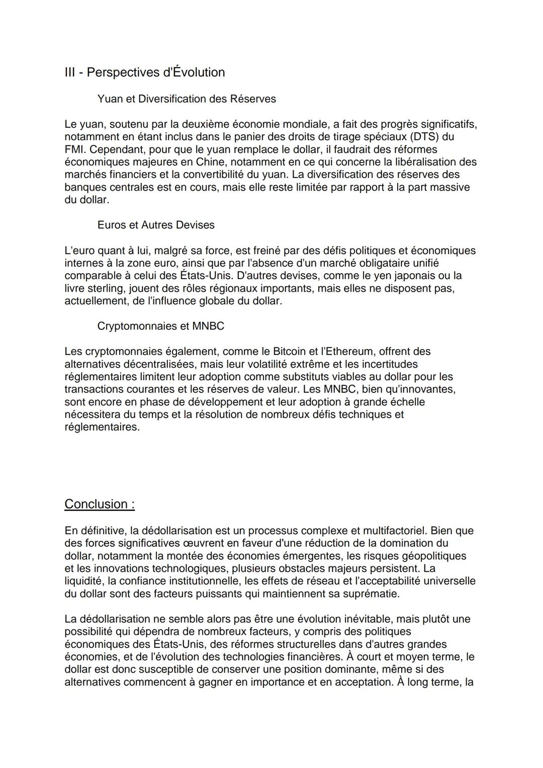 # Dédollarisation: évolution inévitable ou illusion financière ?

## Introduction

La dédollarisation, c'est-à-dire la réduction de la dépen