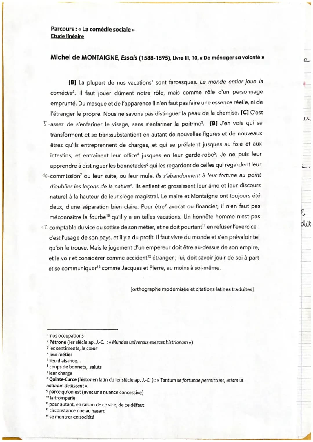 Étude linéaire MONTAIGNE, Essais, Livre III, 10, « De ménager sa volonté »