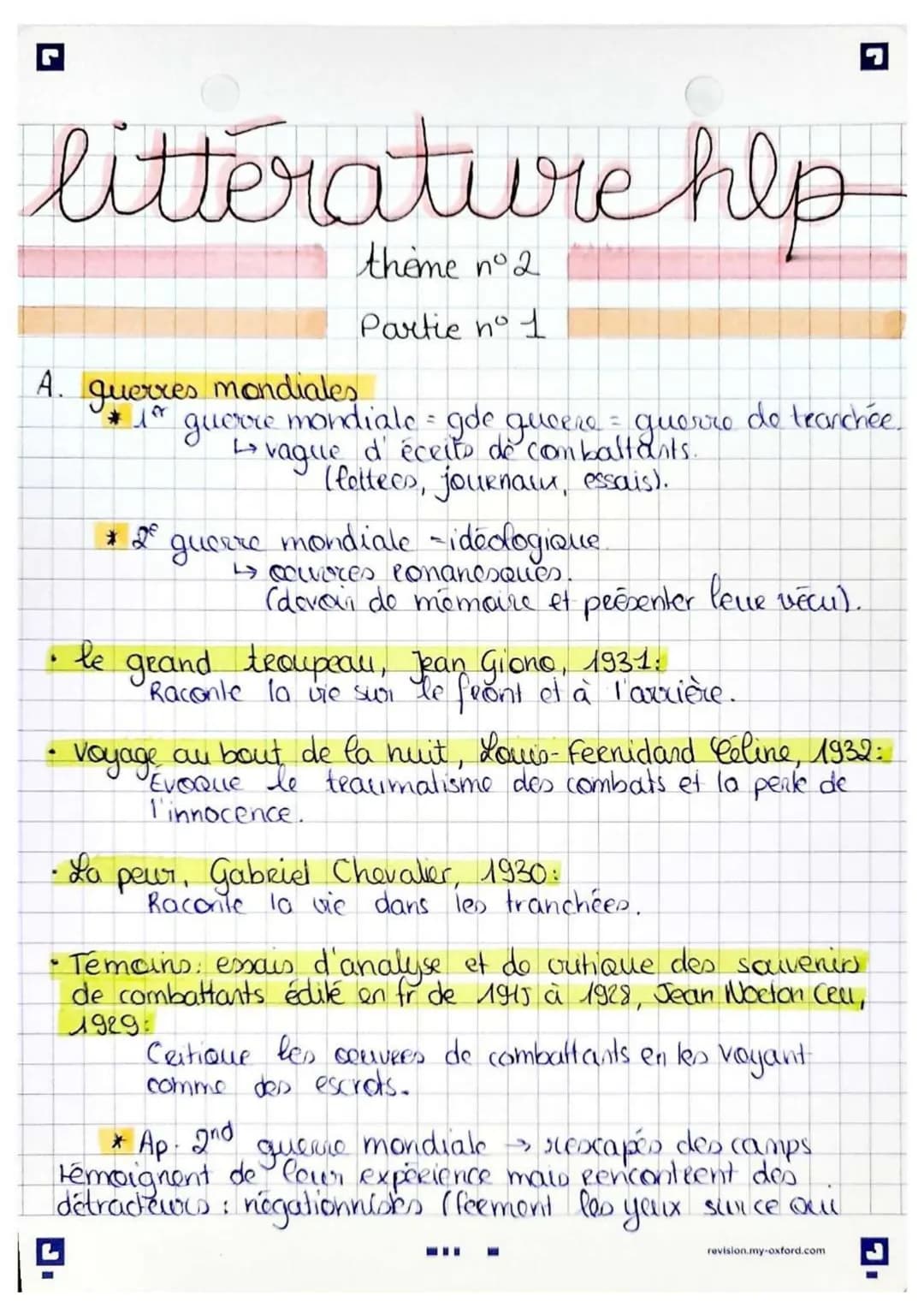 littérature hlp
theme nº 2
Partie n° 1
A. querres mondiales
•
le
guerre mondiale = gde gucere = guerro do tranchée.
↳ vague d'écrits de comb