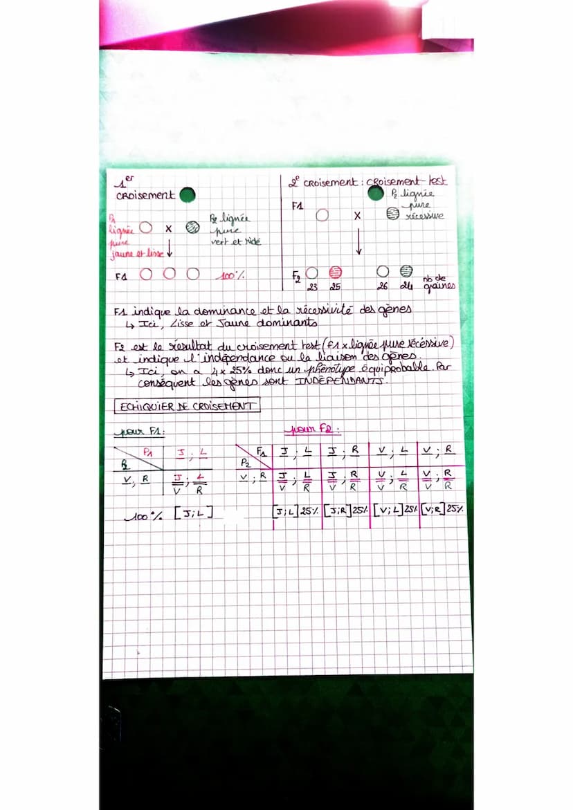 Croisement
PA
lignée X
pure
jaune et lisse
F4
pour F1:
O
Be lignée
pure
vert et ride
PA
3 ; 4
J
2,44
V
R
100% [J;L]
B
V, R
100%
F₂
Es indiqu