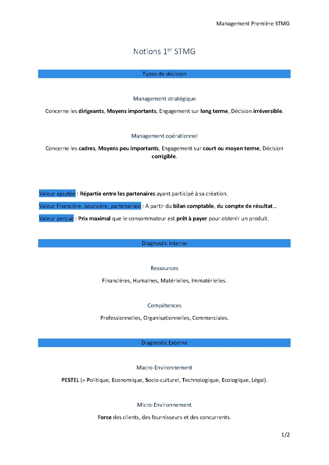 Fiche Révision et Manuel Management 1re STMG PDF - Programme, Exercices et Stratégies