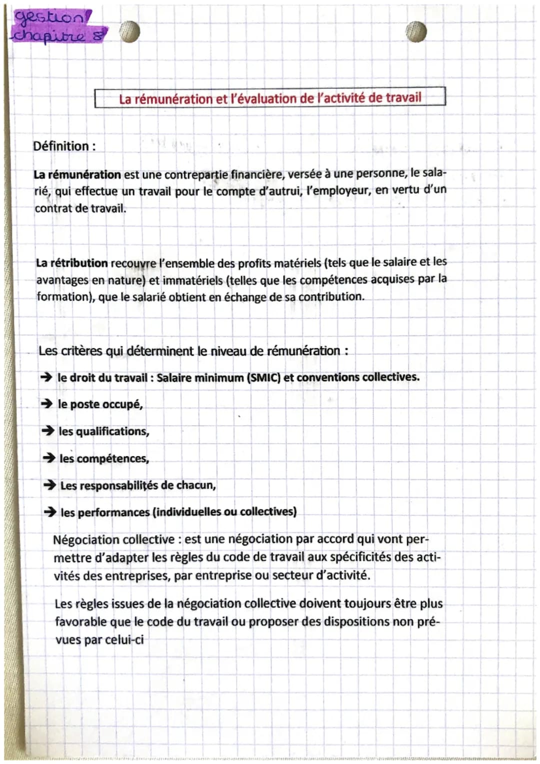 gestion!
chapitre s
Définition:
La rémunération et l'évaluation de l'activité de travail
La rémunération est une contrepartie financière, ve