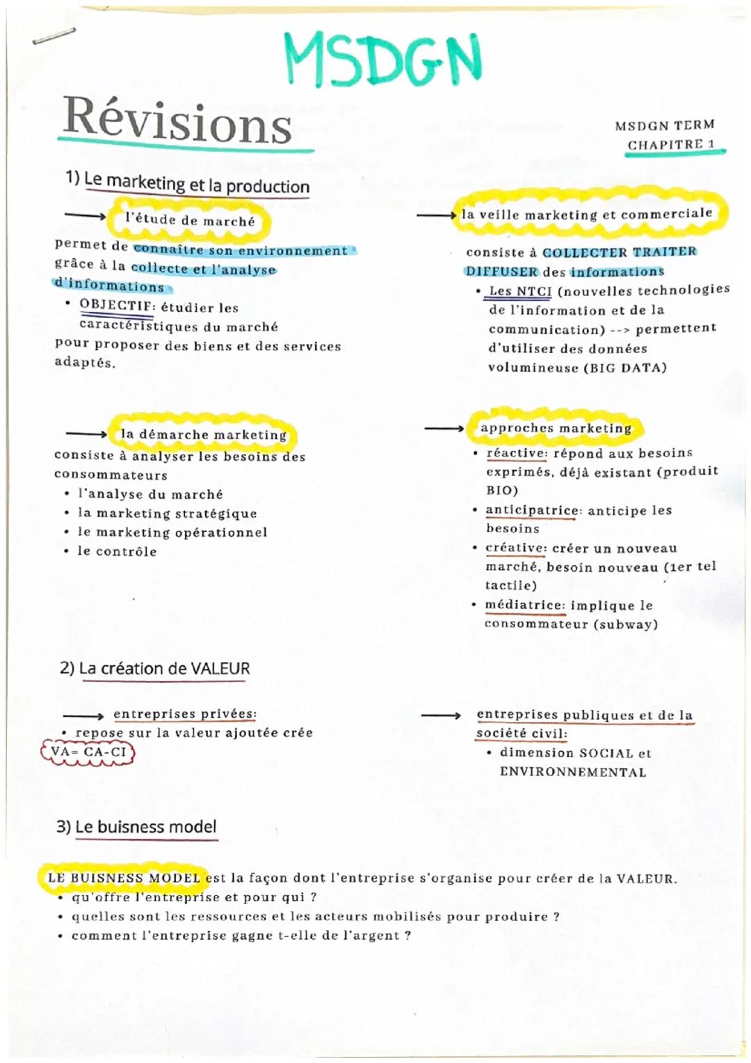 Révisions
1) Le marketing et la production
l'étude de marché
permet de connaître son environnement
grâce à la collecte et l'analyse
d'inform