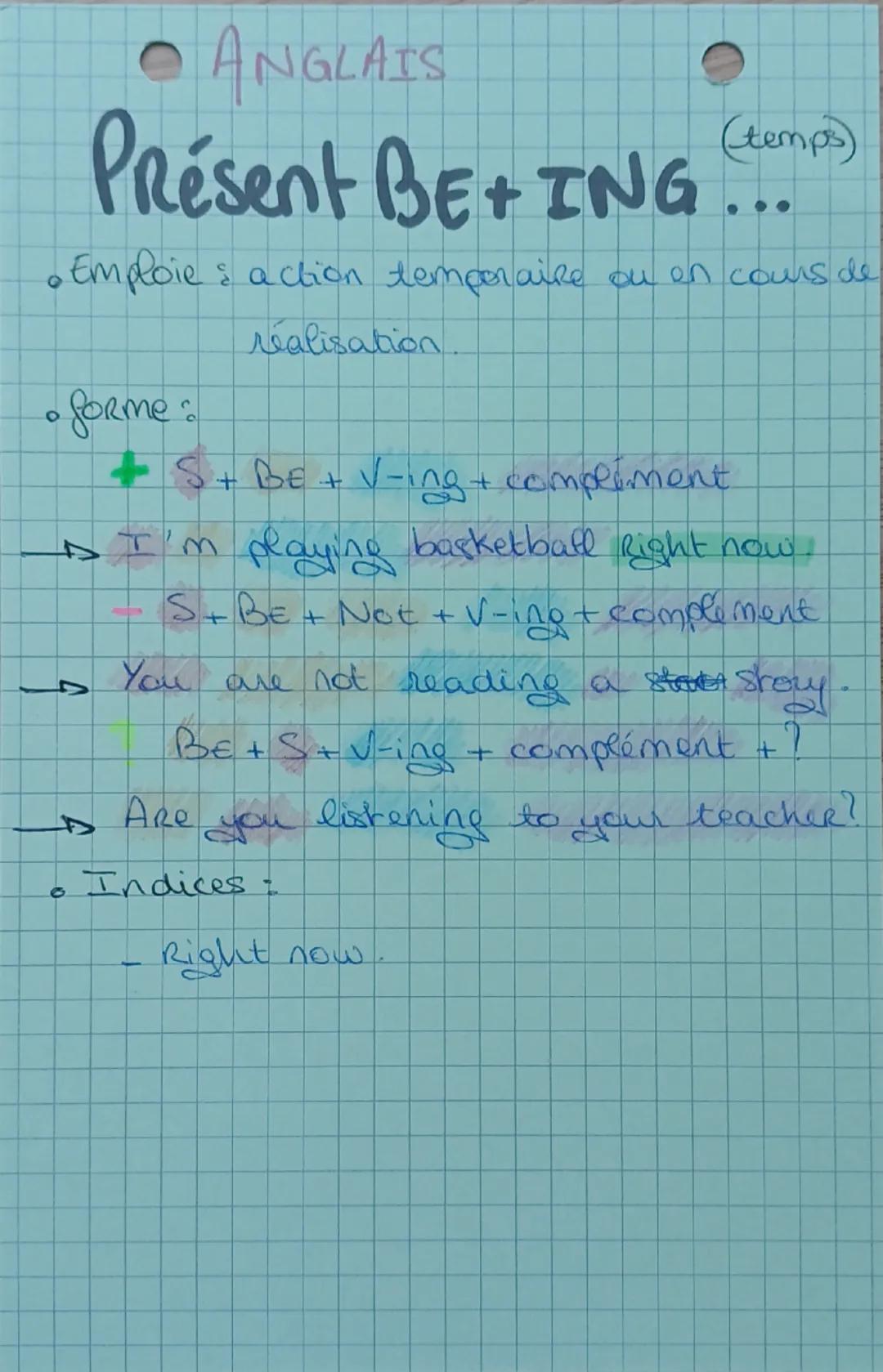 • ANGLAIS
# Présent BE+ ING ... (temps)
• Emploie : action temporaire ou en cours de
réalisation.
• forme:
- $S + BE + V-ing + compliment$
-
