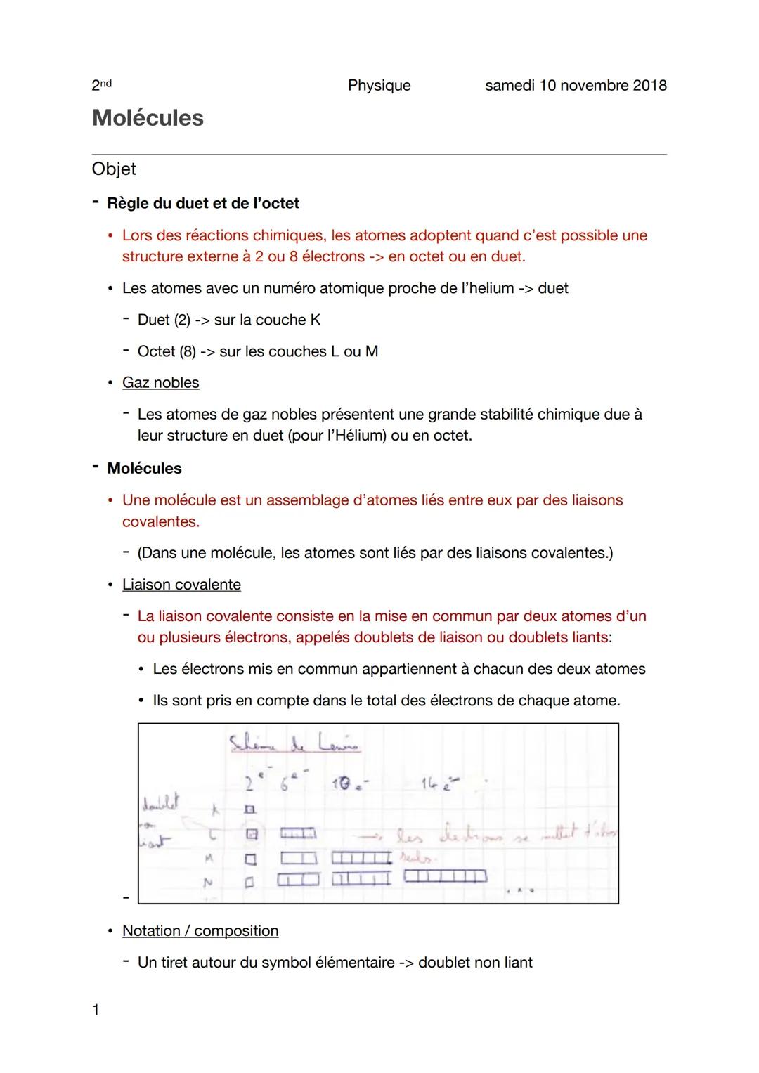 2nd
Molécules
1
Objet
Règle du duet et de l'octet
• Lors des réactions chimiques, les atomes adoptent quand c'est possible une
structure ext