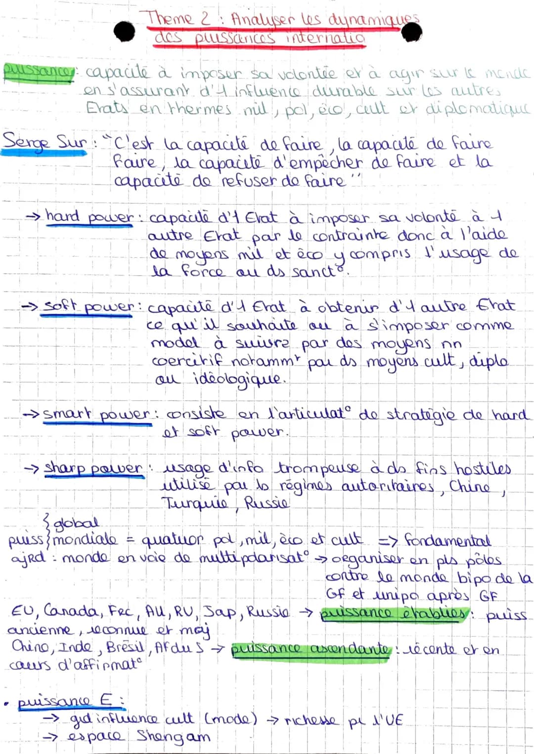 Theme 2: Analyser les dynamiques
des plussarices internatio
puissance: capacité à imposer sa volontée et à agir sur le monde
en s'assurant d