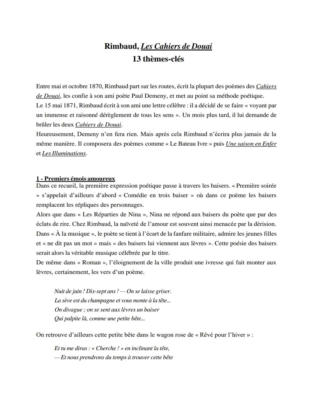 Rimbaud, Les Cahiers de Douai
13 thèmes-clés
Entre mai et octobre 1870, Rimbaud part sur les routes, écrit la plupart des poèmes des Cahiers