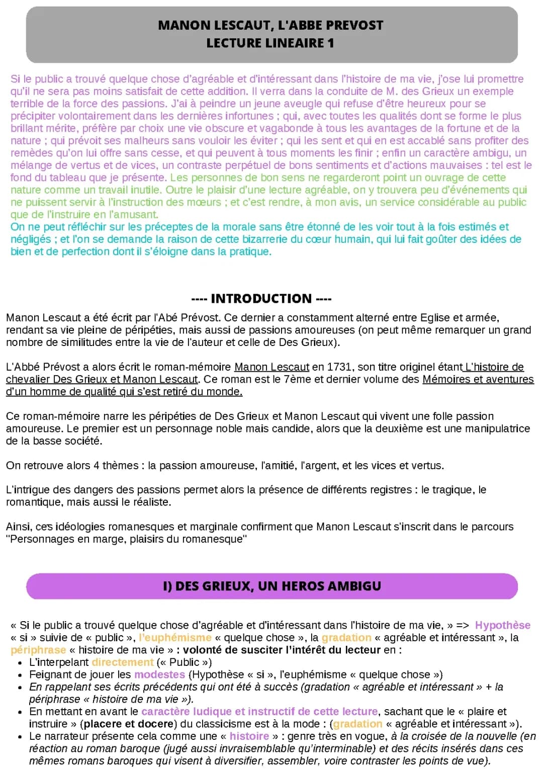 Analyse linéaire de la préface de Manon Lescaut - PDF à télécharger