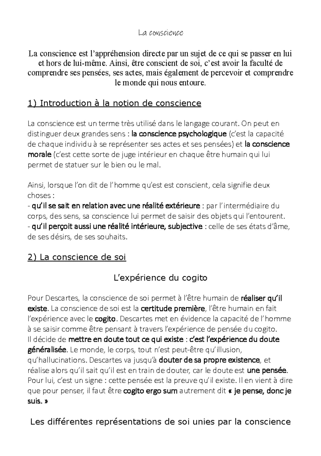 La conscience en philo - Fiche PDF et sujets corrigés