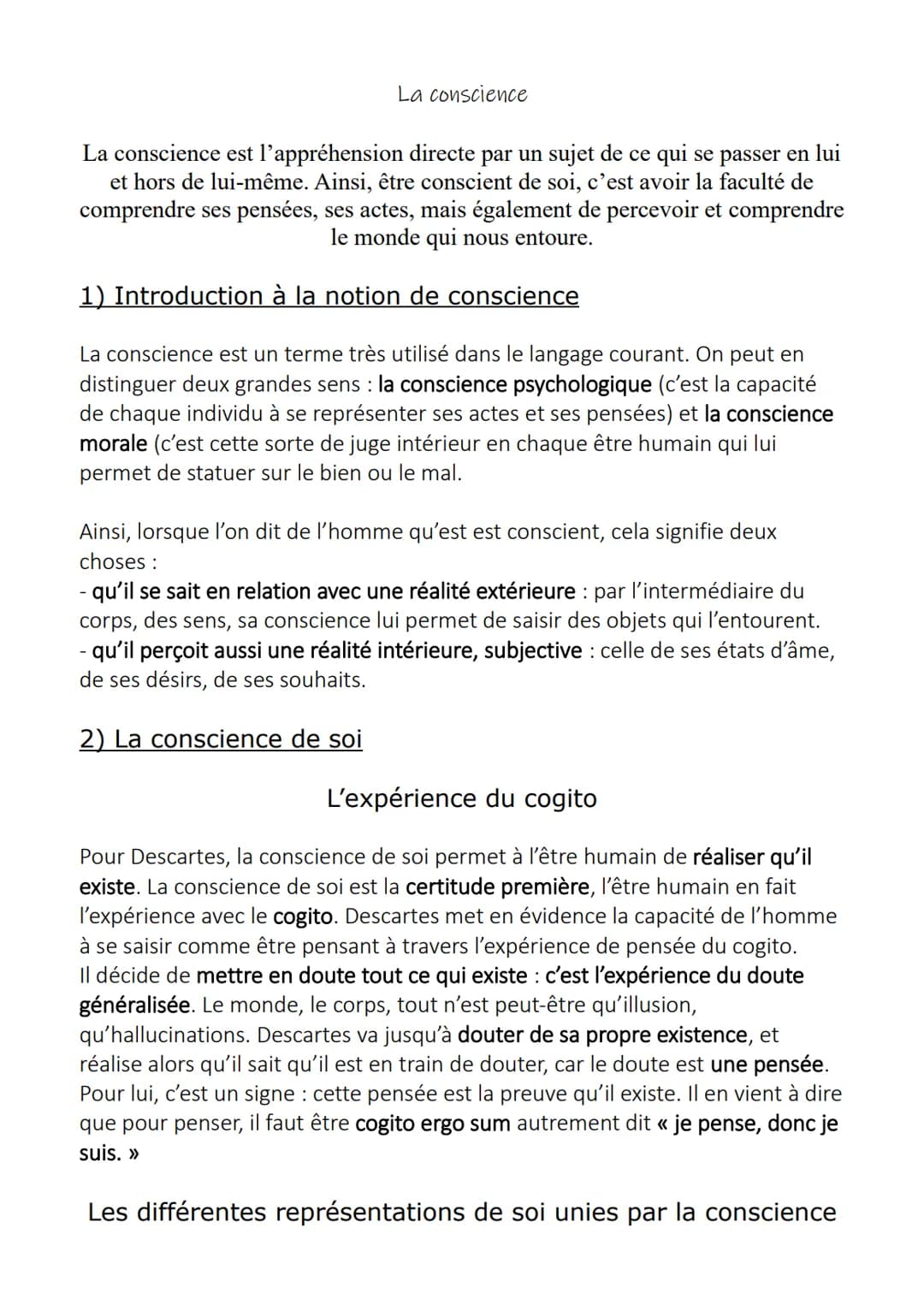 La conscience
La conscience est l'appréhension directe par un sujet de ce qui se passer en lui
et hors de lui-même. Ainsi, être conscient de