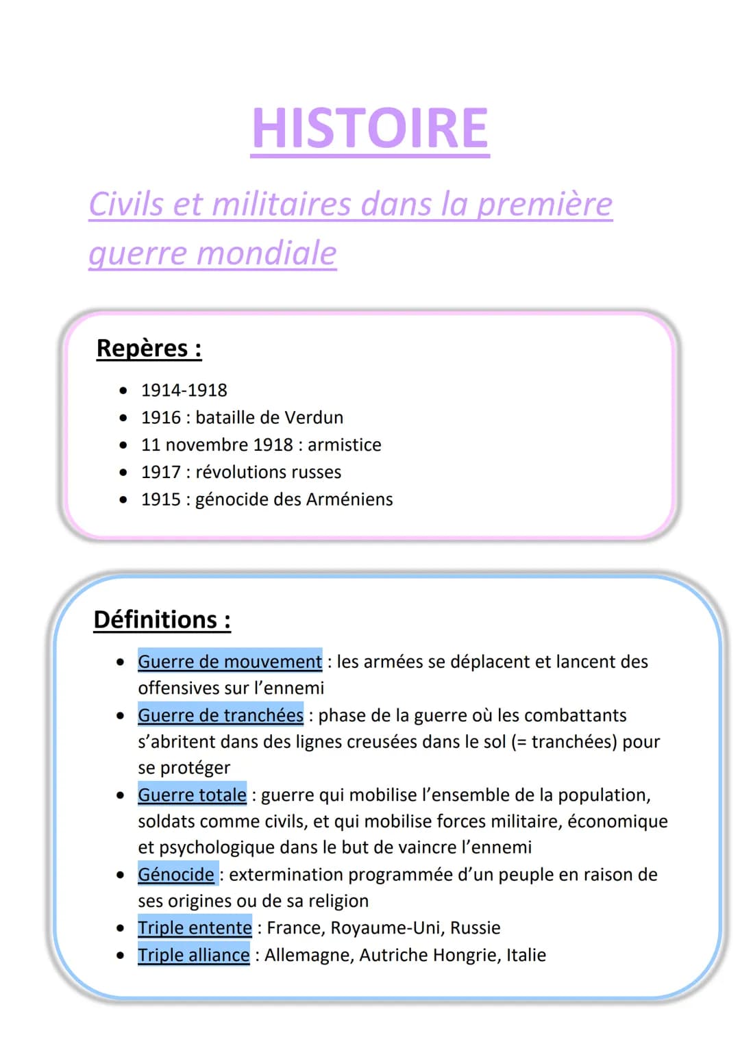 HISTOIRE
Civils et militaires dans la première
guerre mondiale
Repères :
1914-1918
1916: bataille de Verdun
• 11 novembre 1918: armistice
19