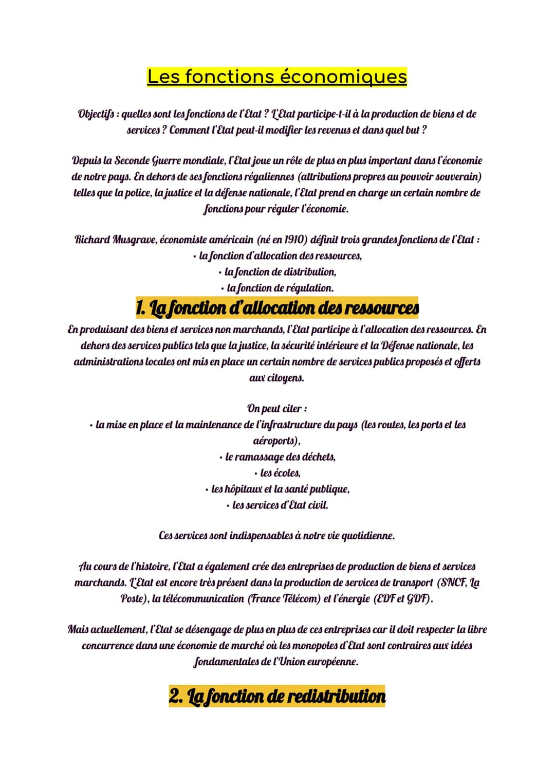Les fonctions économiques
Objectifs : quelles sont les fonctions de l'Etat ? L'Etat participe-t-il à la production de biens et de
services ?