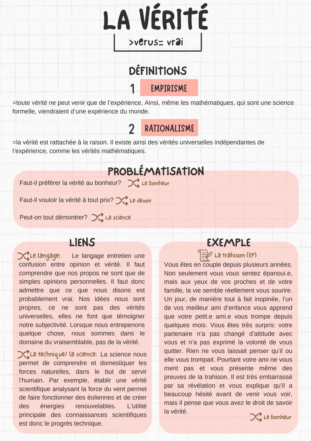 LA VÉRITÉ
>verus- vrai
DÉFINITIONS
1
EMPIRISME
=toute vérité ne peut venir que de l'expérience. Ainsi, même les mathématiques, qui sont une 