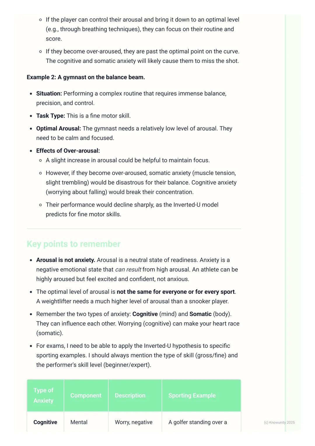 # Arousal and Anxiety

Introduction to arousal and anxiety

This section looks at how our psychological state affects our performance in
spo