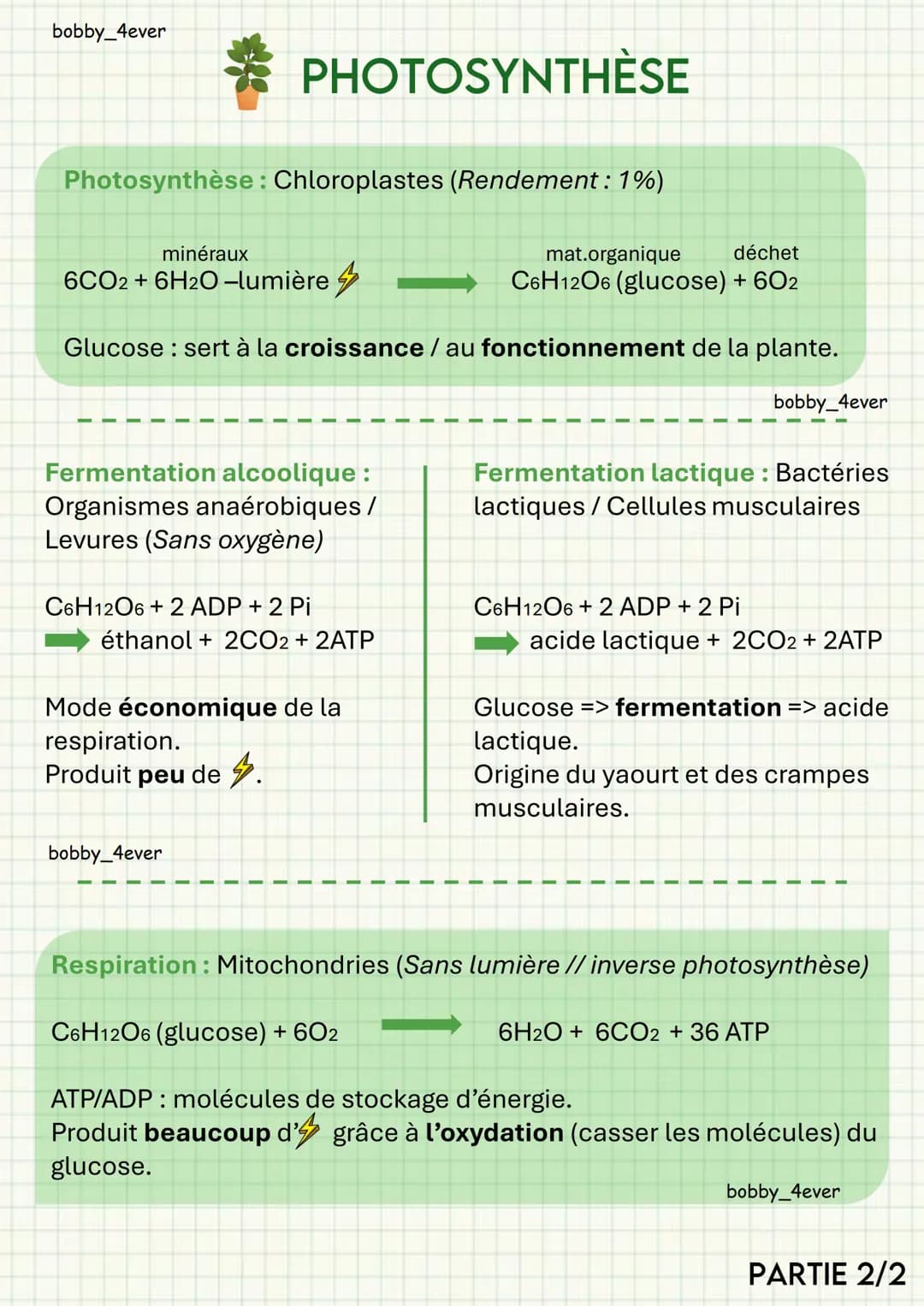 bobby_4ever
PHOTOSYNTHÈSE
PPB (Productivité Primaire Brute): Biomasse produite par
organismes chlorophylliens (selon surface & temps)
PPN (P