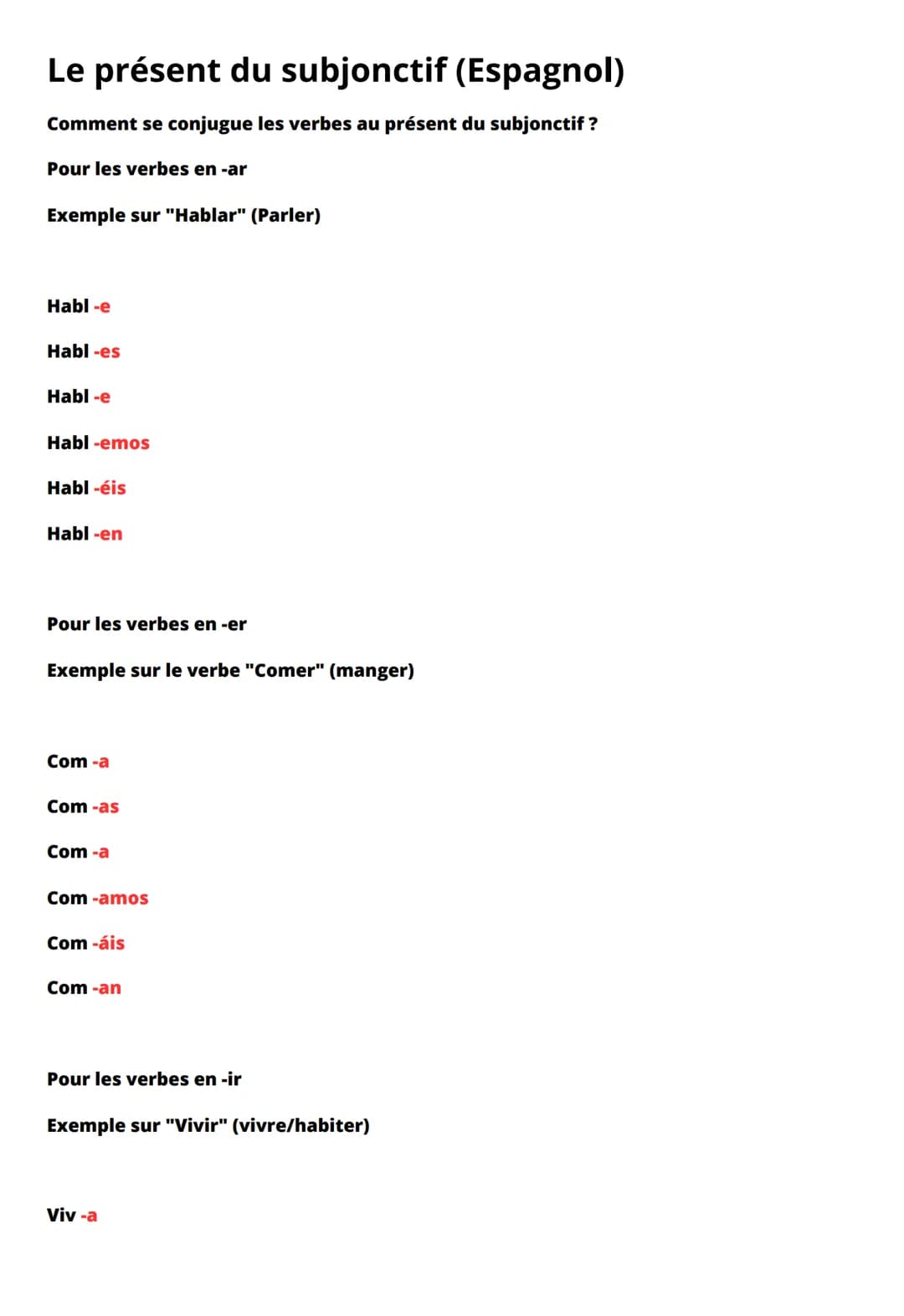Le présent du subjonctif (Espagnol)
Comment se conjugue les verbes au présent du subjonctif ?
Pour les verbes en -ar
Exemple sur "Hablar" (P