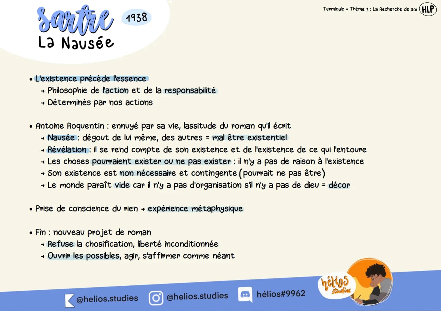●
Sartre
La Nausée
1938
●
L'existence précède l'essence
Philosophie de l'action et de la responsabilité
→ Déterminés par nos actions
• Antoi