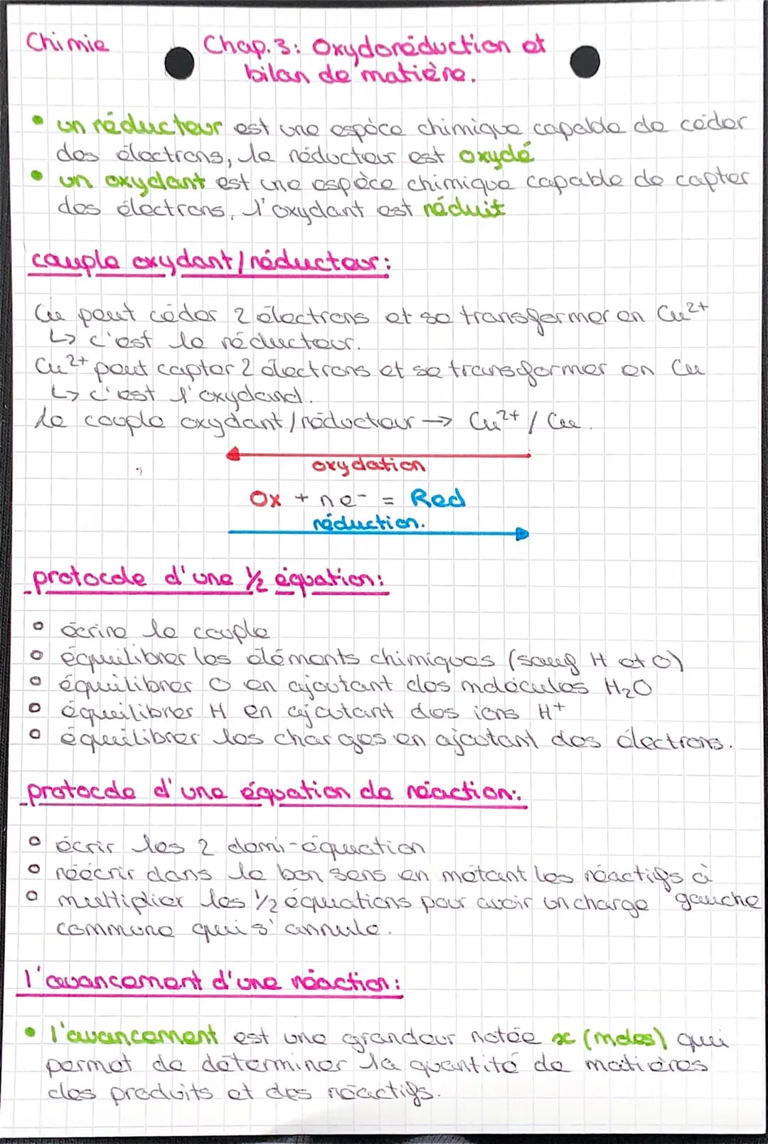 Chimie
Chap. 3: Oxydoreduction of
bilan de matière.
un réducteur est une espèce chimique capaldo de céder
des électrons, le réducteur est ox