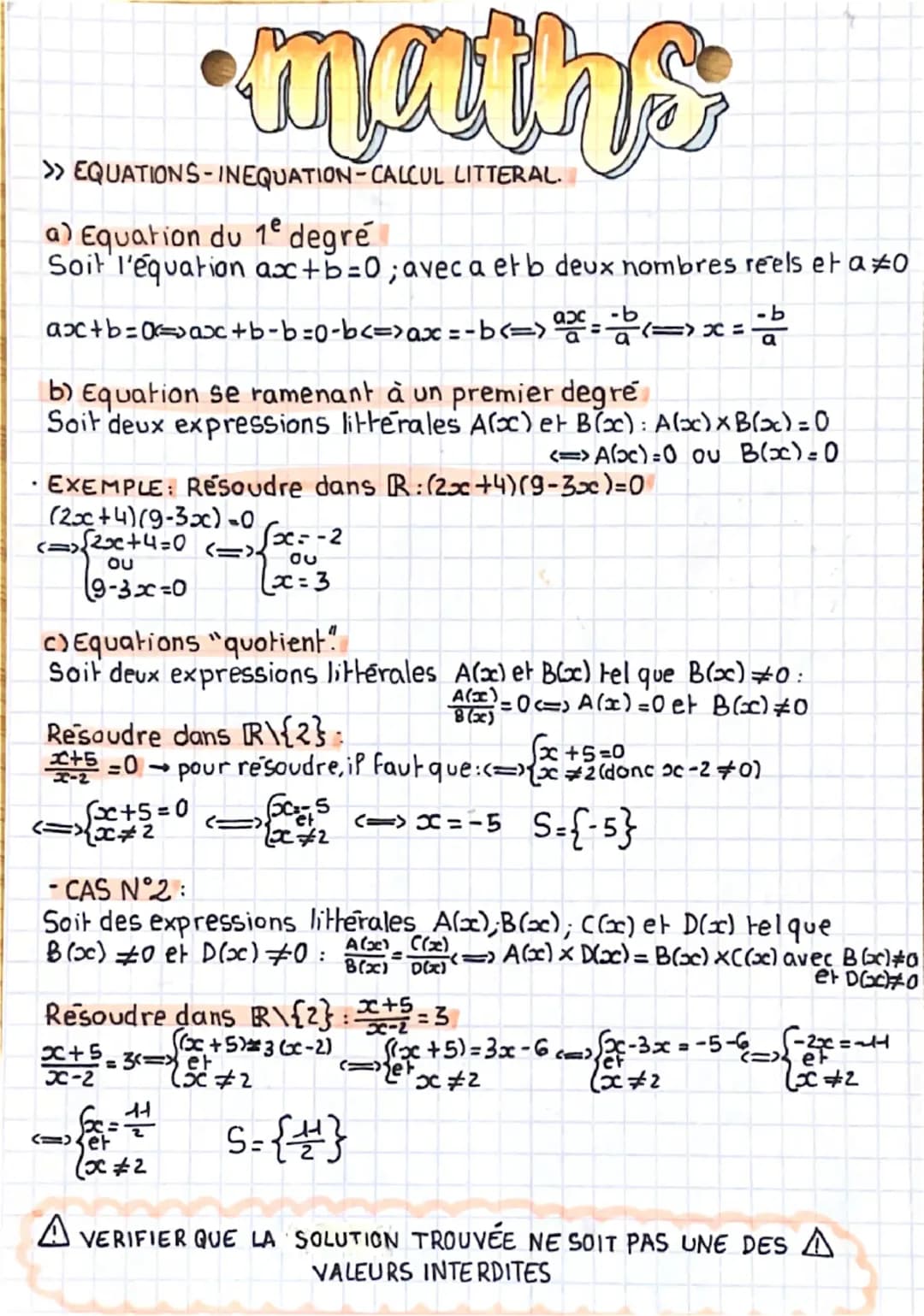 •maths
>> EQUATIONS INEQUATION-CALCUL LITTERAL.
a) Equation du 1e degré
Soit l'équation ax+b=0; avec a et b deux nombres reels et a o
ax+b=0