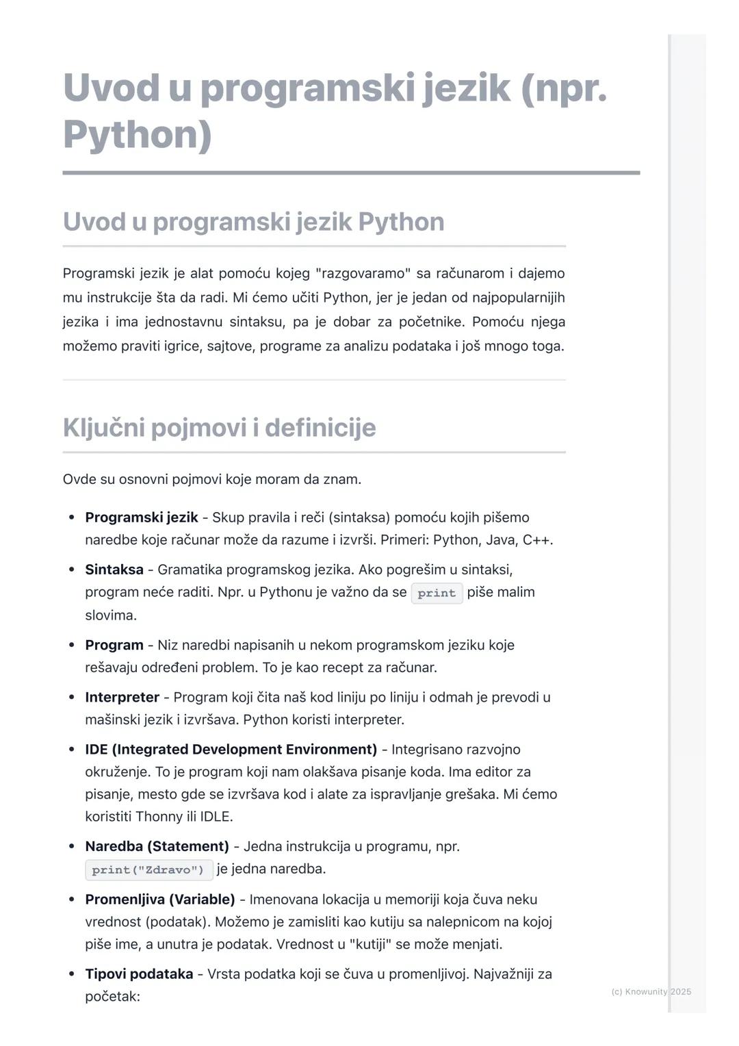 # Uvod u programski jezik (npr.
Python)

Uvod u programski jezik Python

Programski jezik je alat pomoću kojeg "razgovaramo" sa računarom i 