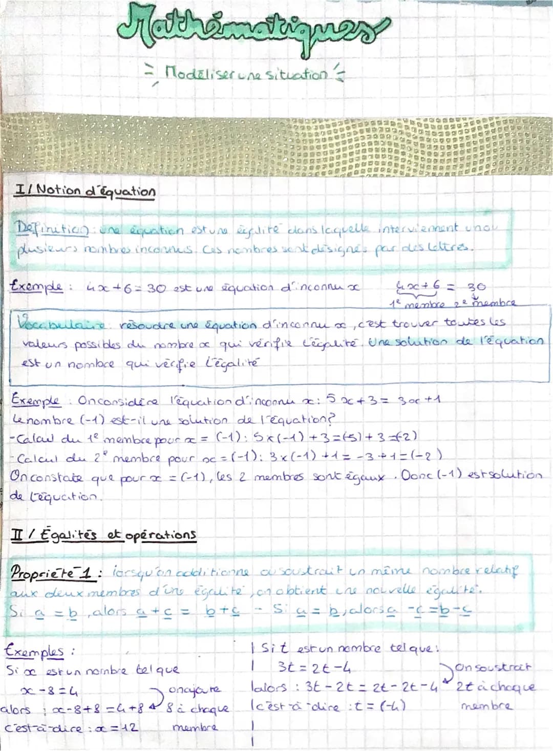 Mathématiques
Modéliser une situation -
I/ Notion d'équation
Definition une équation esture égalité dans laquelle interviennent u nov
plusie