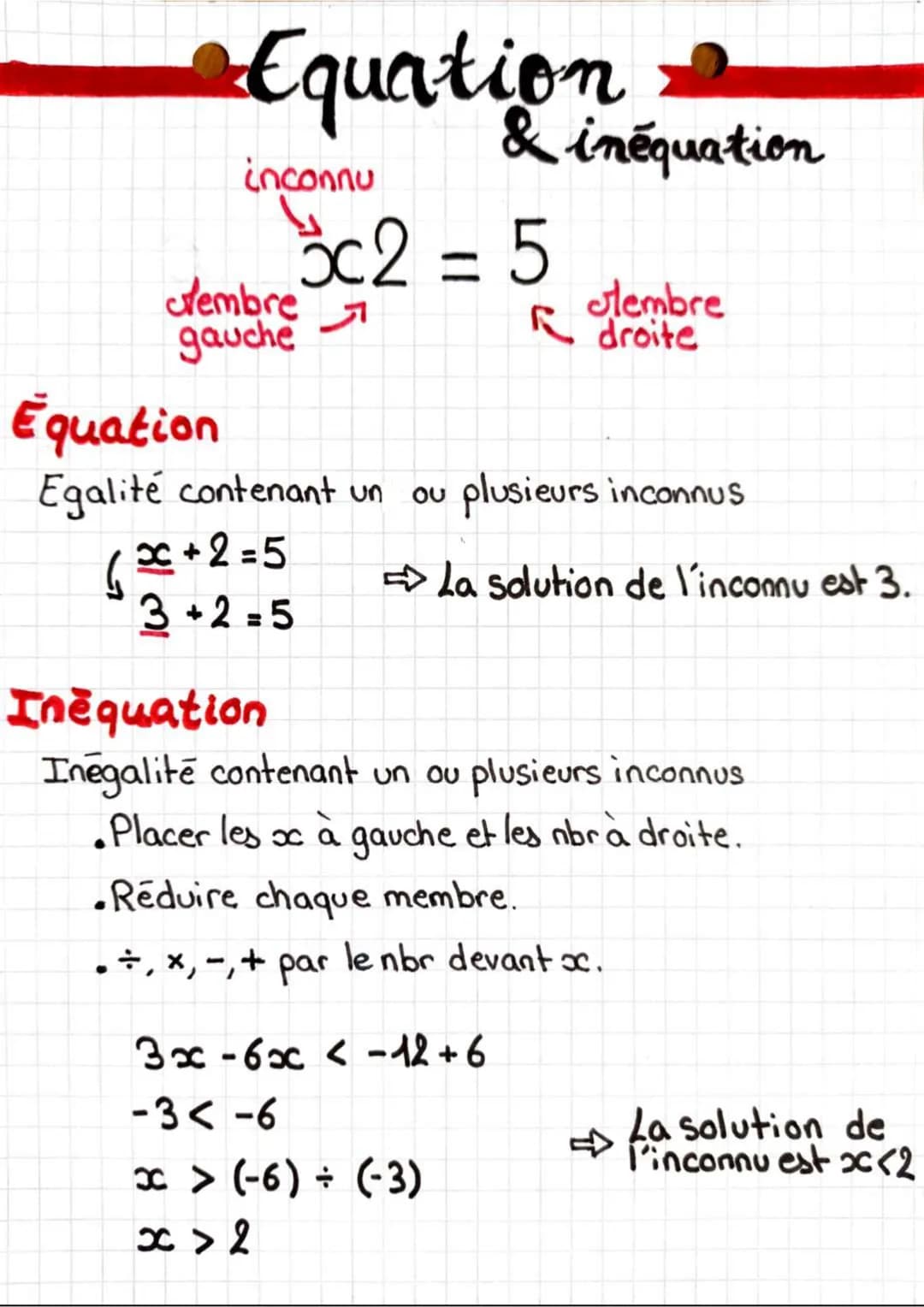 Equation
inconnu
tembre
gauche
c2 = 5
A
R
Equation
Egalité contenant un
(x+2=5
3+2=5
& inéquation
OU plusieurs inconnus
La solution de l'inc
