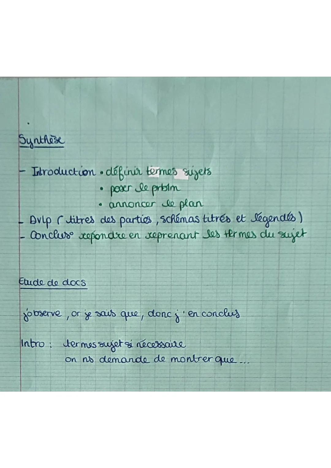 Synthèse
- Introduction définir termes sujets
  * poser le proim
  * annoncer le plan
- Avlp (titres des parties, schémas titrés et légendés