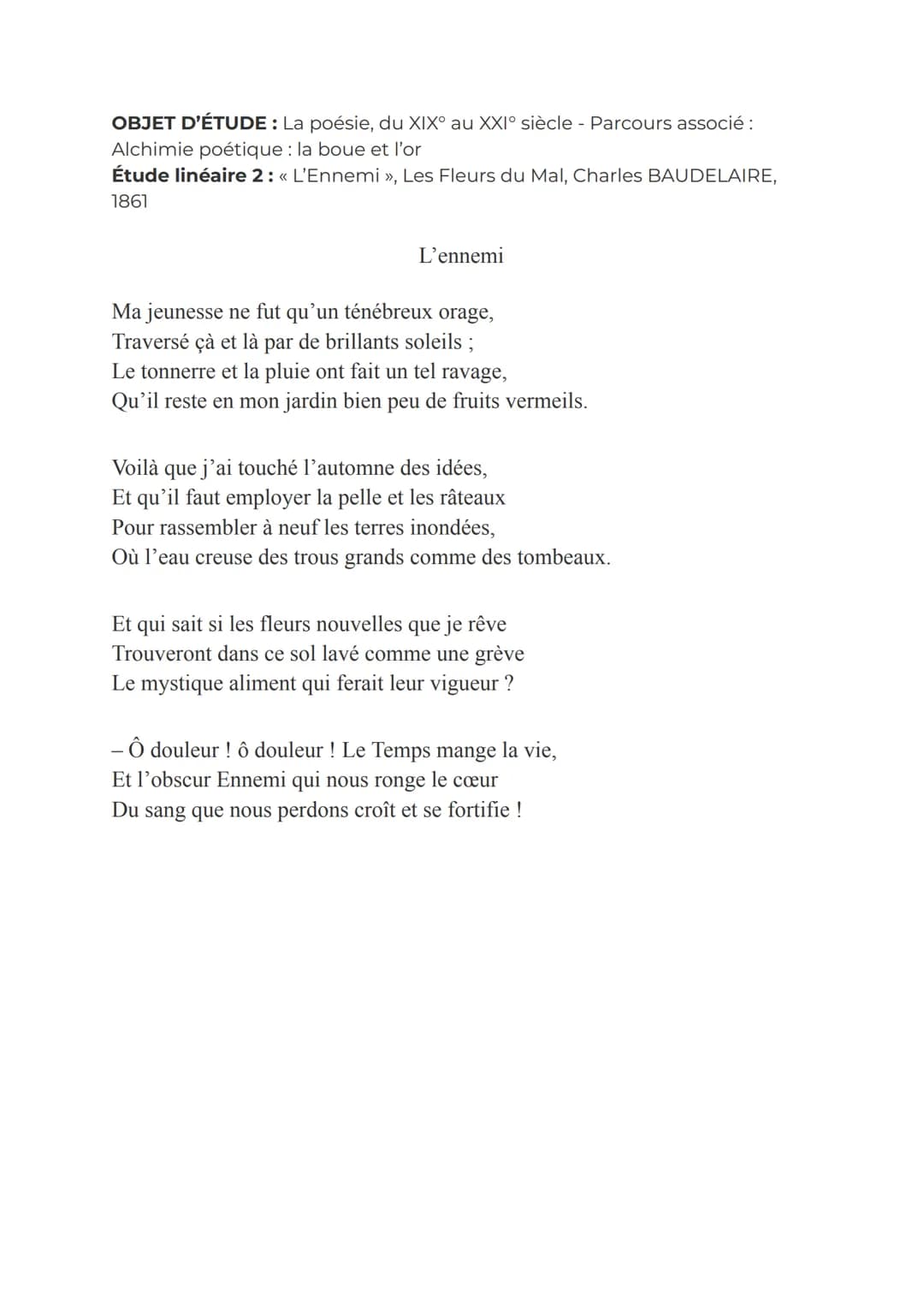 OBJET D'ÉTUDE : La poésie, du XIX° au XXI° siècle - Parcours associé :
Alchimie poétique : la boue et l'or
Étude linéaire 2: << L'Ennemi »>,