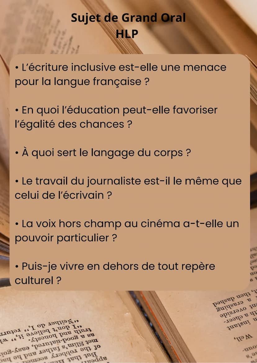 • Les réseaux sociaux sont-ils
révélateur de ce que je suis ?
Sujet de Grand Oral
HLP
• Existe-t-il une éducation idéale ?
●
Le langage peut