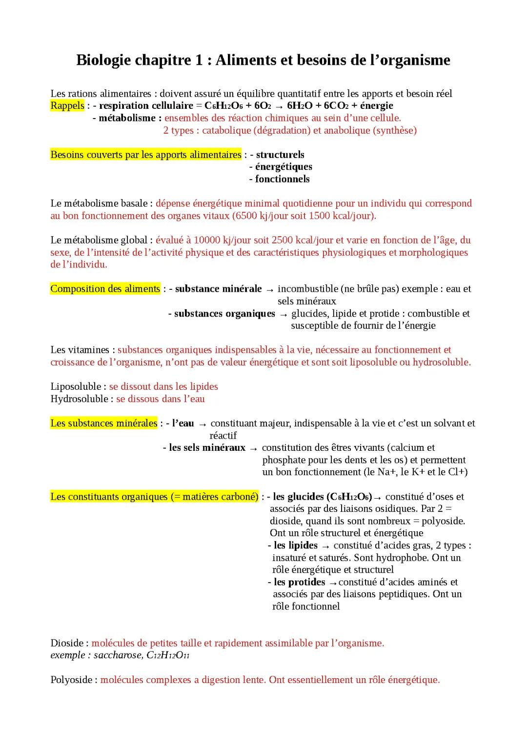 Les besoins nutritionnels du corps humain - SVT - Leçon PDF