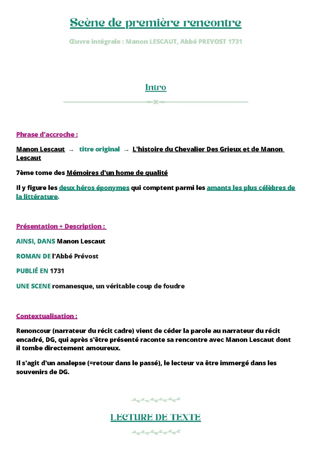 Analyse linéaire PDF: Première rencontre de Manon Lescaut et des grieux