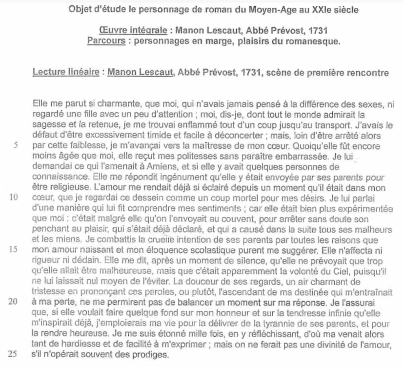 Scène de première rencontre
Œuvre intégrale: Manon LESCAUT, Abbé PREVOST 1731
→
Intro
Phrase d'accroche :
Manon Lescaut titre original L'his