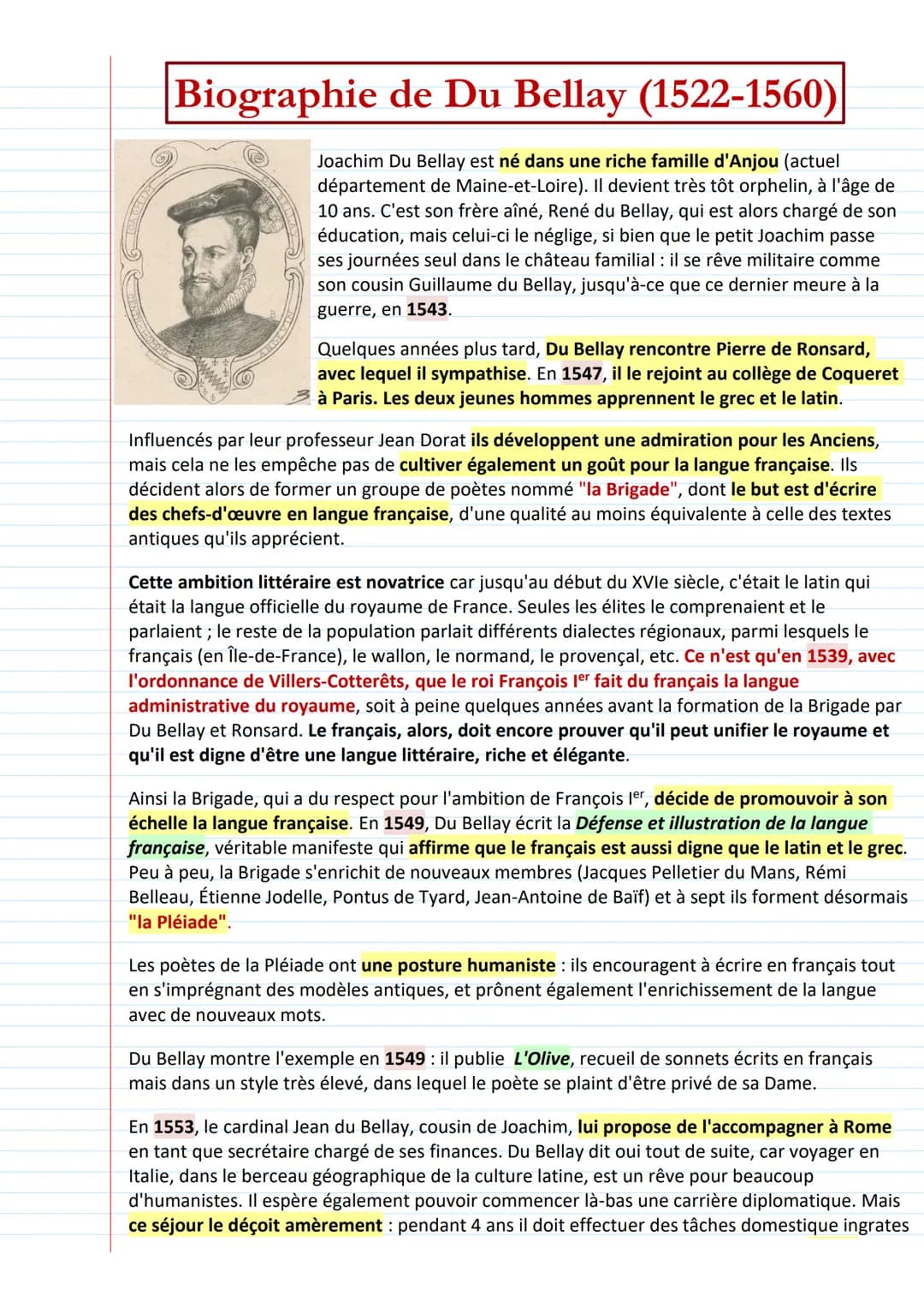Biographie de Du Bellay (1522-1560)
Joachim Du Bellay est né dans une riche famille d'Anjou (actuel
département de Maine-et-Loire). Il devie