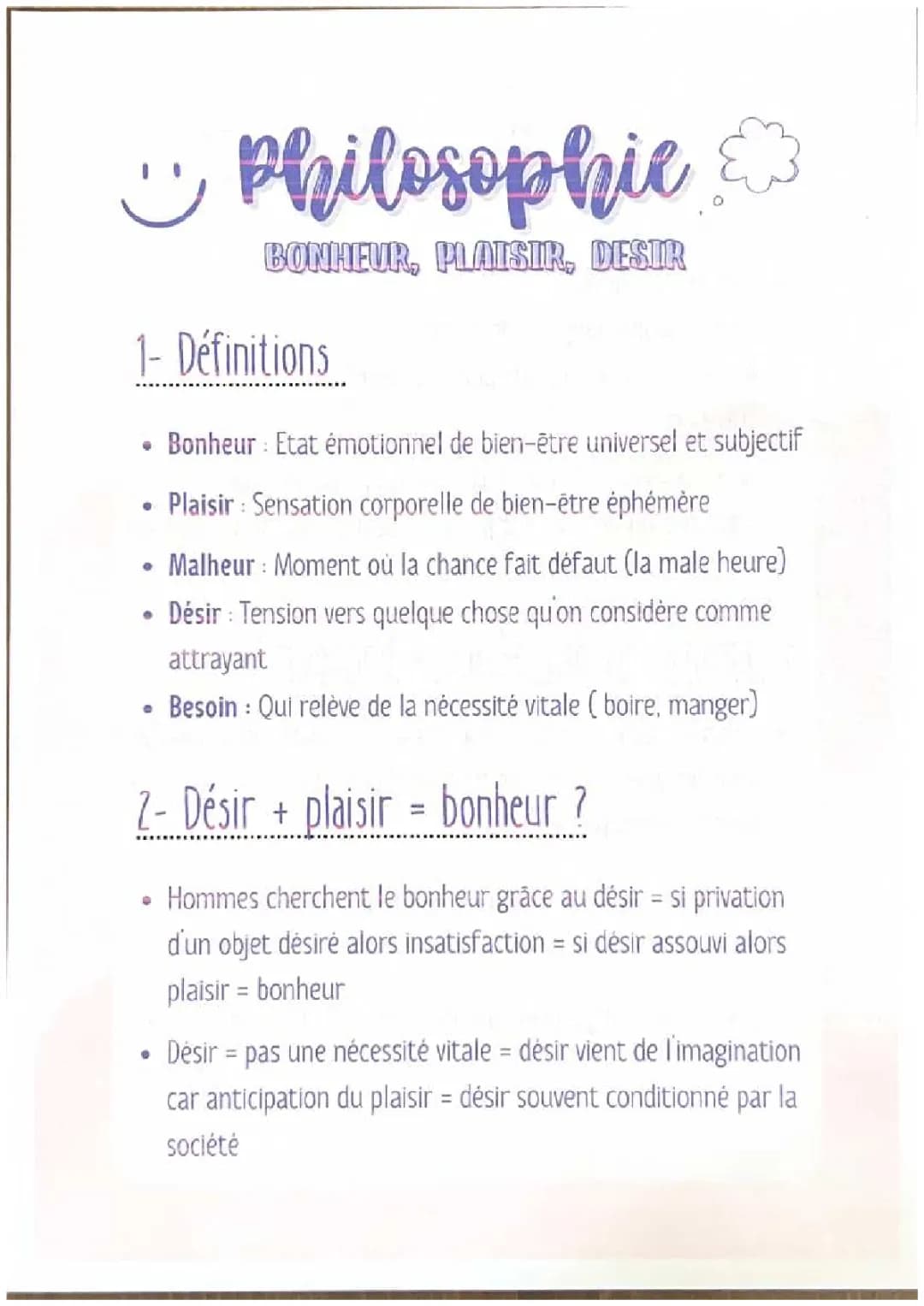 Le désir et le bonheur en Philo - Fiche Terminale PDF