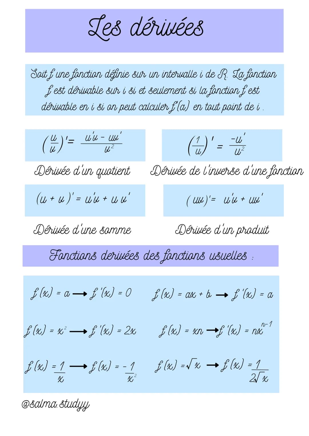 Les dérivées
Sait fune fonction définie sur un intervalle i de R. La fonction
fest dérivable sur i si et seulement si la fonction fest
dériv
