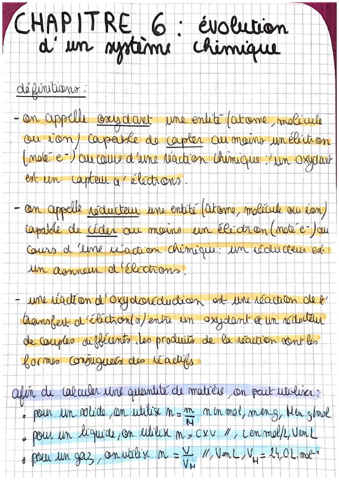 # CHAPITRE 6: évolution
d'un système chimique

définitions ;

- on appelle oxydant une entite (atome, molécule
ou ion) capable de capter au 