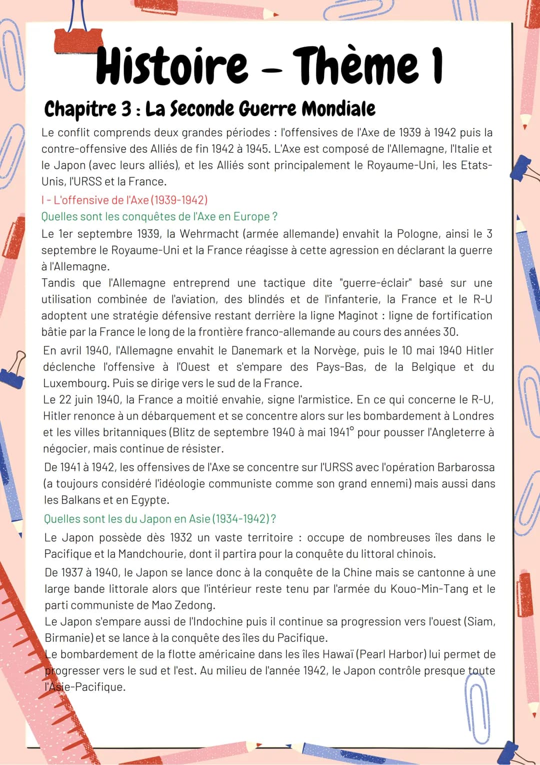 Histoire - Thème I
Chapitre 3: La Seconde Guerre Mondiale
Le conflit comprends deux grandes périodes : l'offensives de l'Axe de 1939 à 1942 