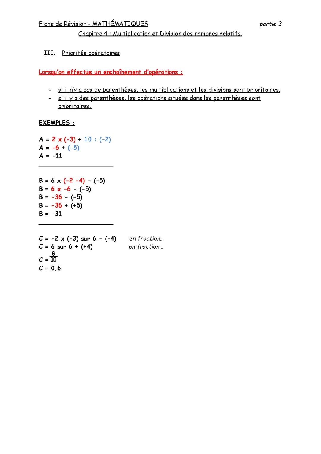 FICHE DE RÉVISION - MATHÉMATIQUES (MULTIPLICATION/DIVISION DES NOMBRES RELATIFS) partie 3/3