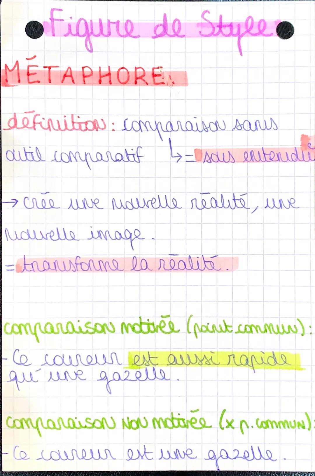 # Figure de Style

METAPHORE.

definition: comparaison sanes
autil comparatif
↳ sous eniteridii
→crée une nouvelle réalité, une
Riduvelle im