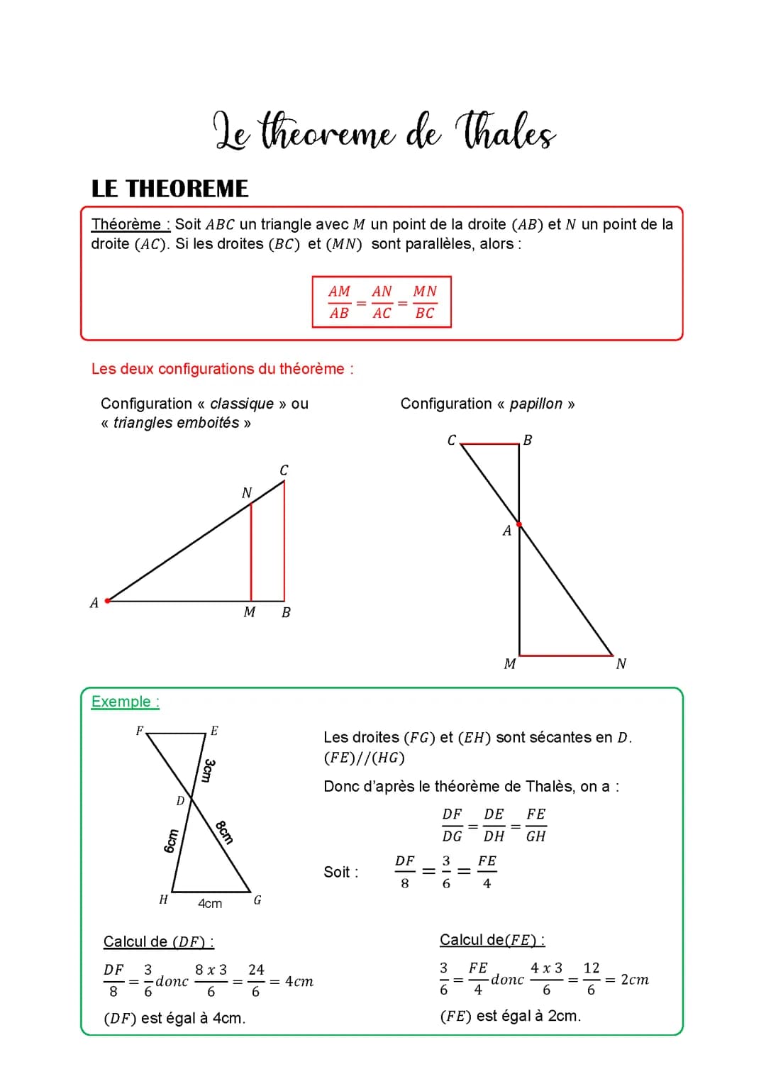 Le théorème de Thalès et la réciproque du théorème de Thalès