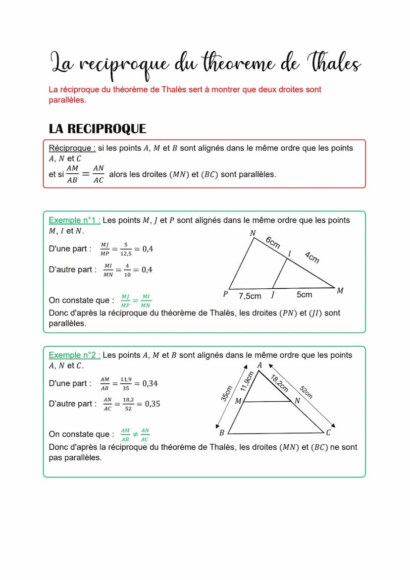 Le theoreme de Thales
LE THEOREME
Théorème Soit ABC un triangle avec M un point de la droite (AB) et N un point de la
droite (AC). Si les dr